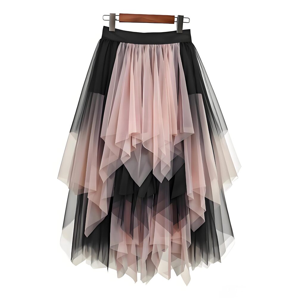 9278 Black Pink Tulle Skirt, Formal High Low Asymmetrical Midi Length